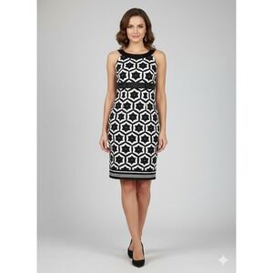 Women's Black White Geometric Print Sleeveless Sheath‎ Dress With Yellow Lining